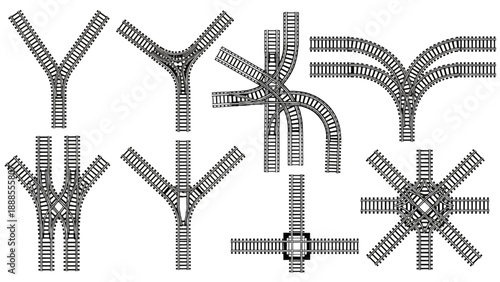 Black railway track junction and crossing diagrams in various configurations