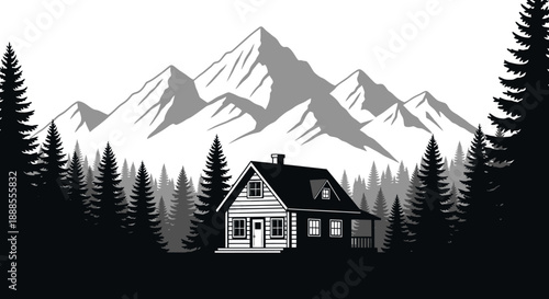 Scenic mountain retreat with a cozy cabin nestled amongst evergreen forests