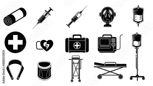 Medical and Healthcare Icons Representing Equipment and Supplies