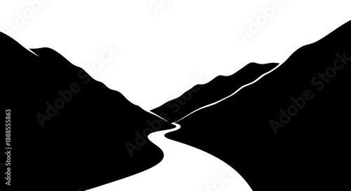 Monochrome mountain landscape with winding road offers a minimalist graphic illustration