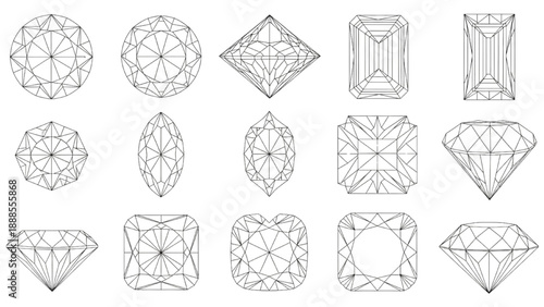 Collection of various diamond cuts and shapes in line art illustration
