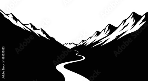 Majestic mountain range with winding river vector illustration in black and white evoking