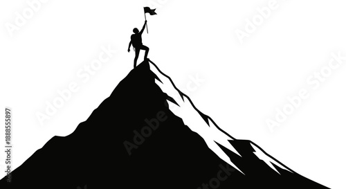 Silhouette of a climber planting a flag on a mountain peak symbolizing success and achievement