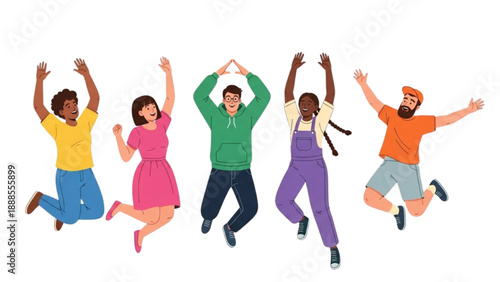 Diverse group of people jumping in the air with joy and celebration
