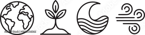 A minimalist grouping of four circular line icons symbolizes fundamental elements of nature, specifically representing the Earth, plant growth, water and moon, and strong wind or air movement.