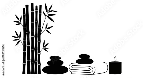 Serene zen inspired black and white minimalist spa scene with bamboo stones towel and candle