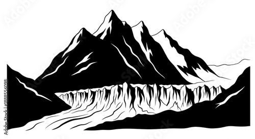 Majestic mountain range illustration with a dramatic glacier view design art graphic