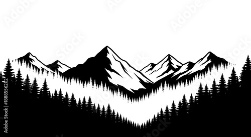 Monochrome mountain range landscape illustration with dense conifer forest design