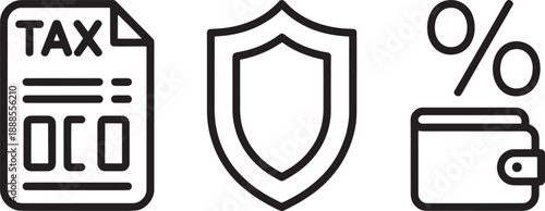 A set of three distinct line icons represents critical aspects of personal finance and security including a tax form, a protective shield, and a wallet displaying a percentage symbol.