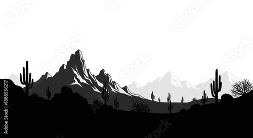 Monochrome Arizona desert landscape with saguaro cacti and rocky mountains illustration