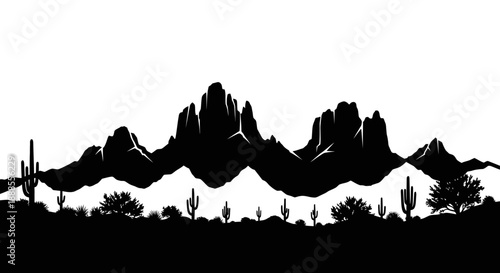 Black and white silhouette illustration of a desert landscape with mountains cacti and plants