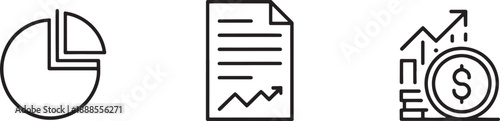 A collection of minimalist line icons depicts essential financial analysis tools including a pie chart, a document with an upward trend, and a growing coin stack indicating investment success.