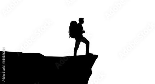 Silhouette of a backpacker standing on the edge of a cliff against white background