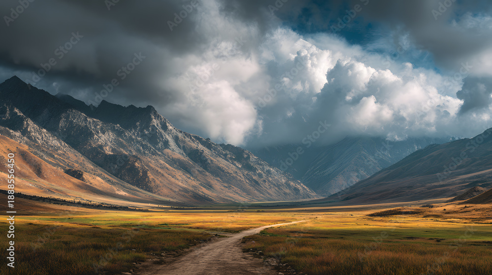 Fototapeta premium Dramatic Mountain Valley Landscape with Winding Road and Storm Clouds