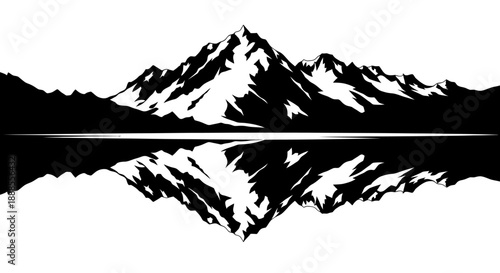 Monochrome mountain range reflected on a tranquil lake, a serene vector landscape