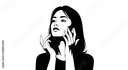 Elegant Black and White Portrait of a Pensive Woman with Striking Lines and Contrast