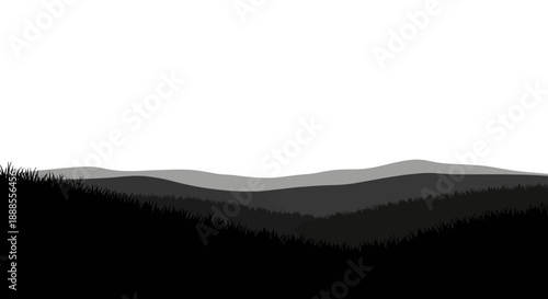 Monochromatic mountain range silhouette against a clean white background illustration