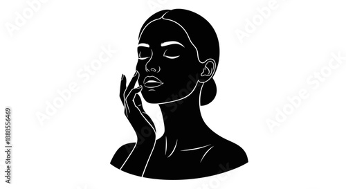 Minimalist illustration of a woman applying face cream in black and white style