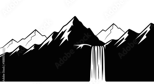 Majestic Mountain Range Silhouette with Waterfall Illustration in Black and White