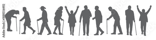 diverse silhouettes of elderly people walking with canes