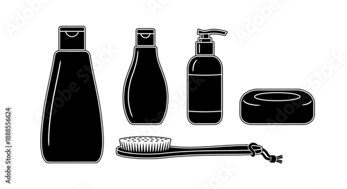 Black and white illustration of personal care products for hygiene and cleanliness routine