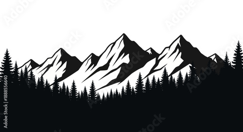 Monochromatic mountain range silhouette with coniferous trees artistic landscape