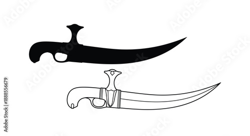 Two depictions of a curved dagger one a stark silhouette
