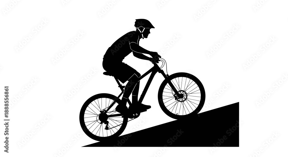 Obraz premium Silhouette of cyclist riding mountain bike uphill showing fitness and determination