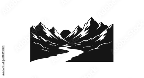 Scenic mountain landscape with river and rising sun offering a tranquil view illustration