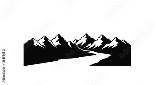 Monochrome mountain range with winding river design for outdoor adventures and nature scenery