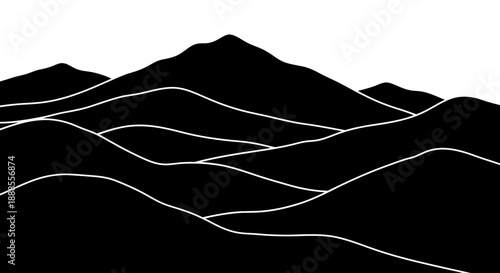 Minimalist black and white mountain range illustration with subtle white lines creating depth