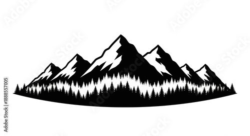 Monochrome mountain range with pine forest silhouette for outdoor adventure theme
