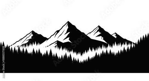 Monochrome mountain range landscape vector with pine forest silhouette creates a tranquil outdoor