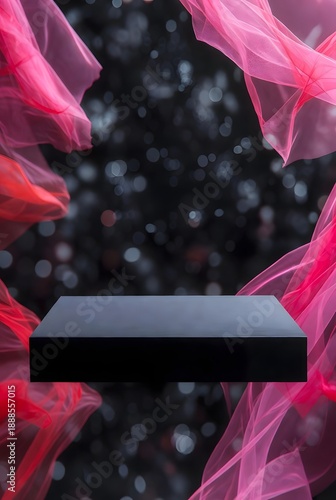 Mysterious dark podium stage illuminated by soft bokeh lights, gracefully framed by flowing red silk fabric for elegant product presentation