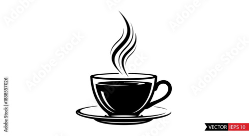 Elegant vector illustration of a steaming coffee cup with saucer on white backdrop