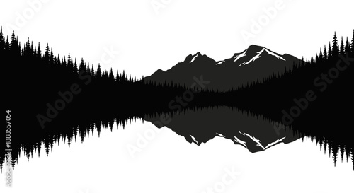 Serene mountain and forest reflection creating a peaceful nature landscape scene
