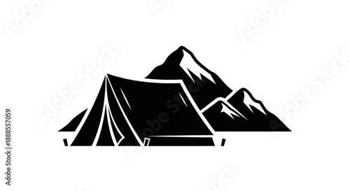 Minimalist Camping Illustration with Tent and Mountains in Black and White Outline Style