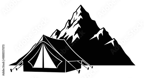 Illustration of camping tent set against a backdrop of majestic mountain peaks