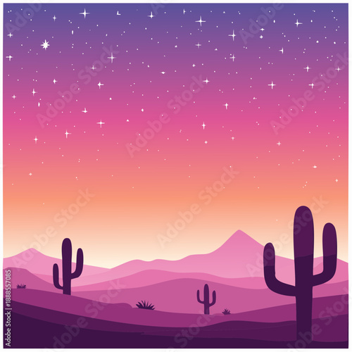 Vector illustration of desert mountain landscape at sunset with starry night sky. Dramatic purple and pink gradient background
