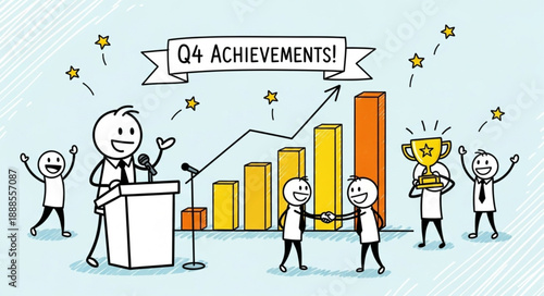 Business team celebrating Q4 achievements with trophy and presentation.