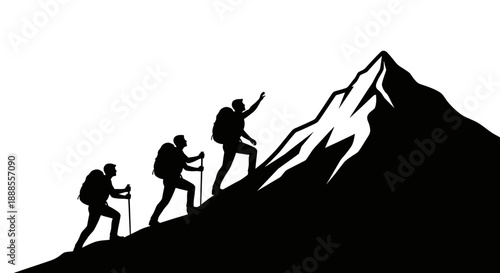 Silhouette illustration of hikers climbing a mountain towards the summit goal reaching