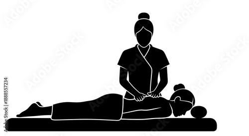 Black and white vector illustration depicting a woman receiving a massage, silhouette style,