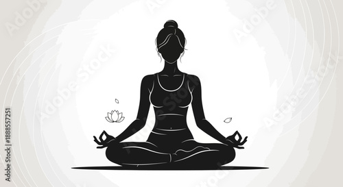 Silhouette of a woman in a lotus position meditating with a mindful expression of health and