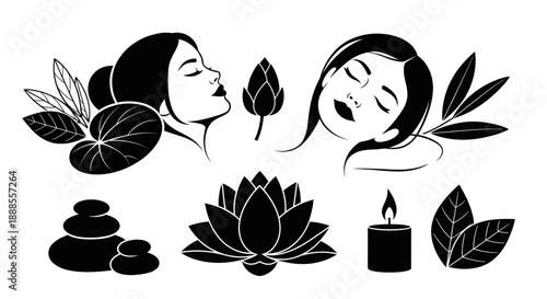Elegant Spa and Wellness Illustration with Women, Lotus Flowers, and Healing Stones vector art