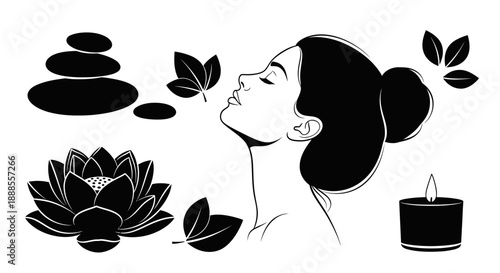 Canvas Print Monochrome serenity: A calming spa illustration featuring a woman, lotus and zen