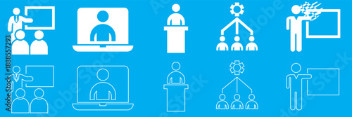 Business Presentation and Online Meeting Icons Collection of  outline icons showing presentations, meetings, webinars, and online education concepts for business, training, and digital   communication