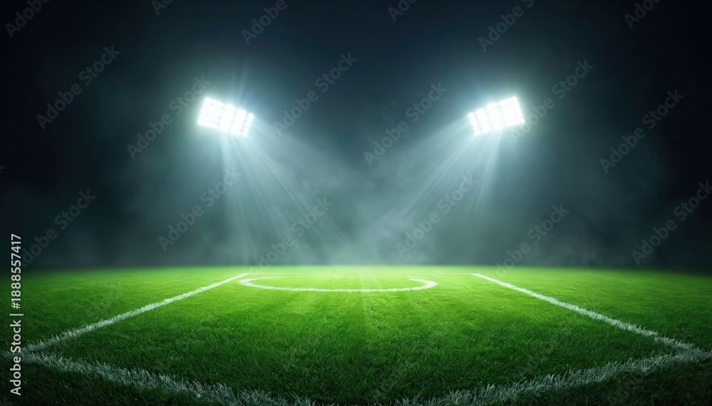 Obraz premium Illuminated soccer stadium field at night. Bright spotlights shine on green grass pitch. Empty sports arena ready for game or competition. Atmosphere of a pro football match.