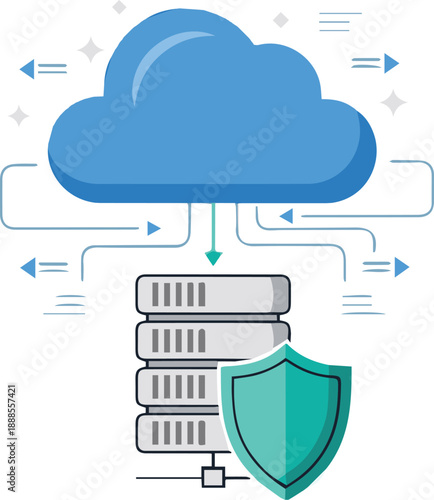 Cloud storage illustration showcasing secure data protection with shield and servers