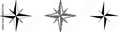 Compass rose icon illustration set, silhouette, pixel, and outline styles, navigation and direction symbol, cad drawing flat vector artwork