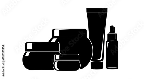 Elegant black and white cosmetic packaging illustration for beauty product design and branding